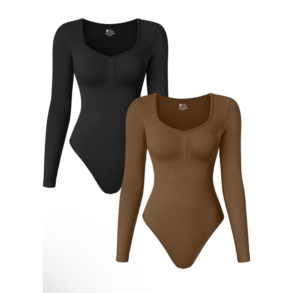 2 Ribbed Sexy Square Neck Long Sleeve Tummy Control Tops Seamless Bodysuits Med